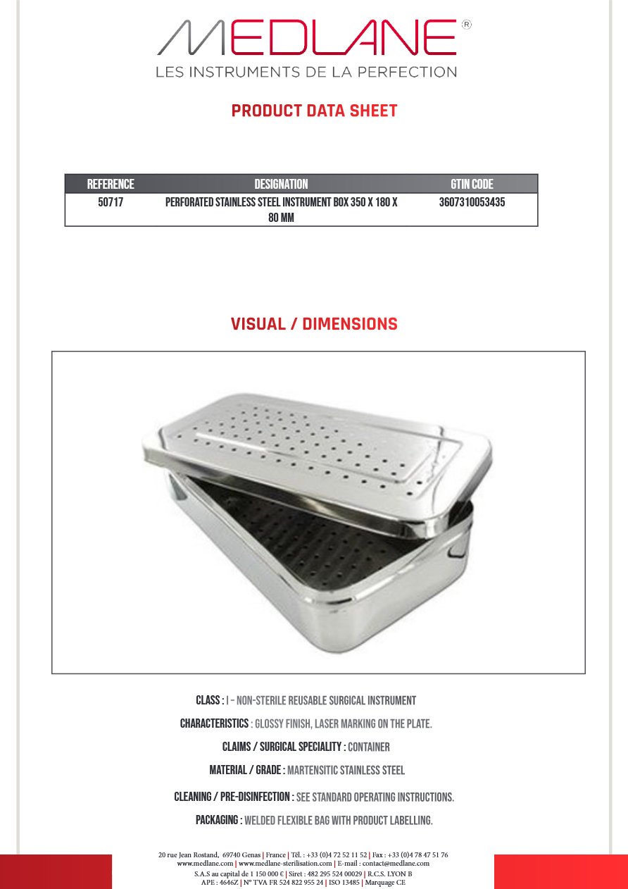 Boite a Instruments En Inox Perf. 350 X 180 X 80 mm