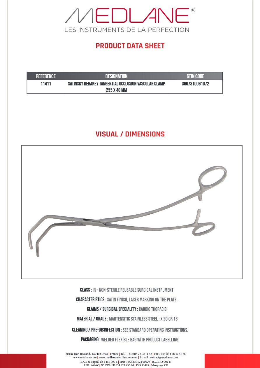 Clamp Vasculaire Occlusion Tangentielle Satinsky Debakey 255 X 40 mm - REF 11411