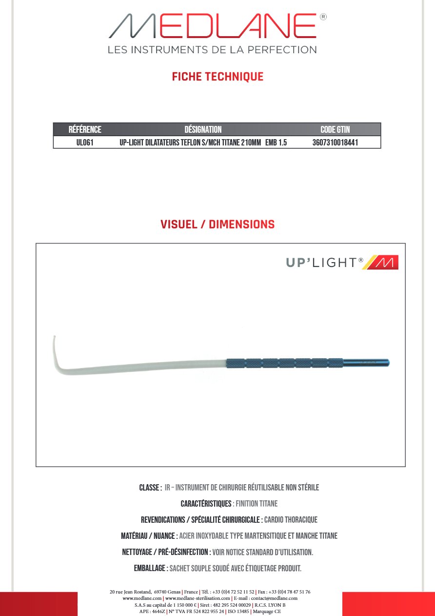 Up-light Dilatateurs Teflon S/mch Titane 210MM Emb 1.5 — REF UL061