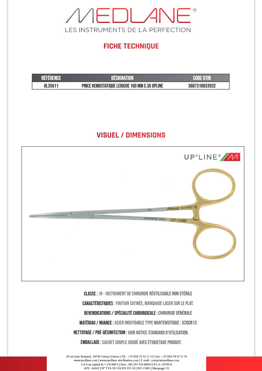 Pince Hémostatique Leriche 160 mm C.sans Griffes Upline — REF UL35611