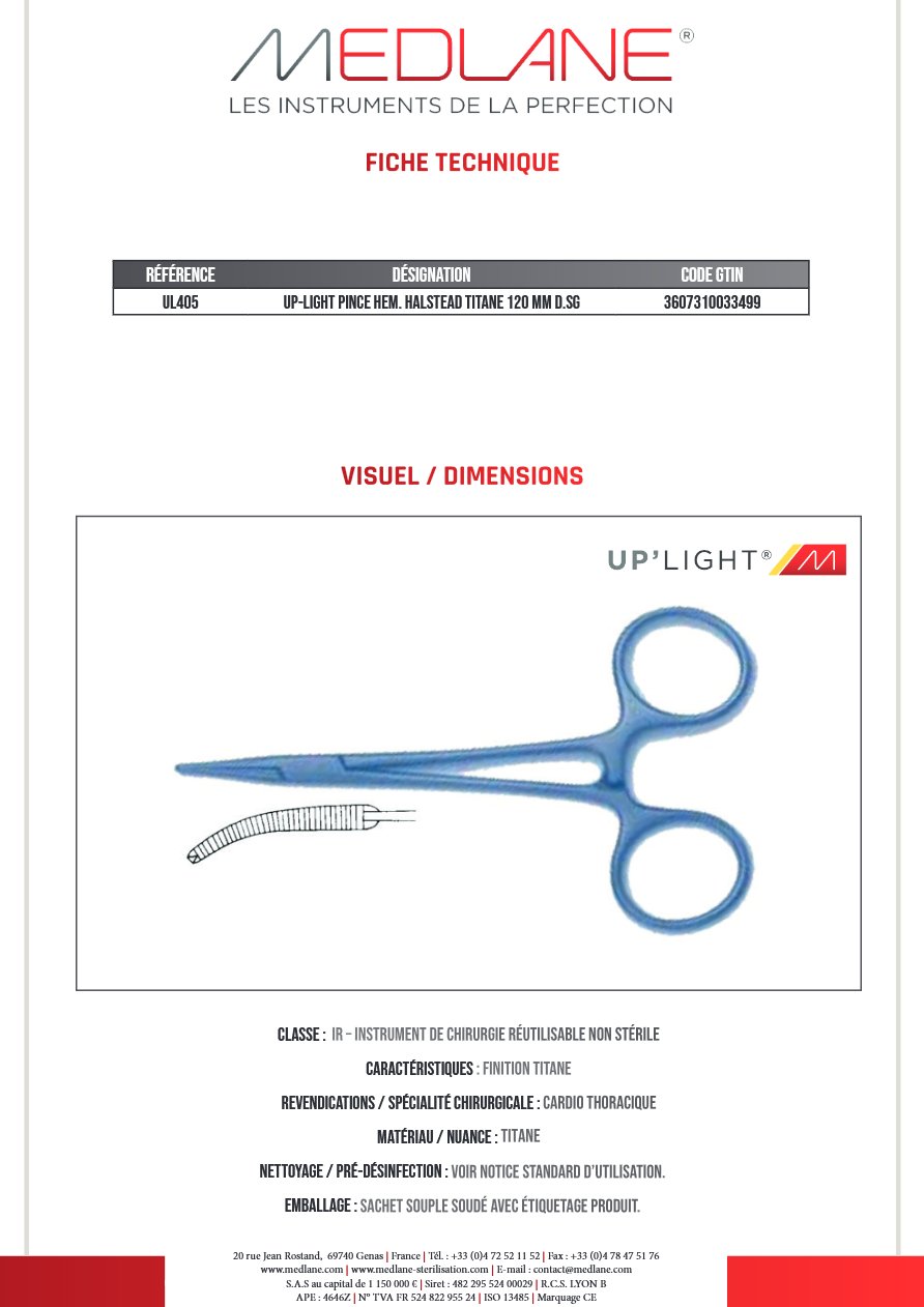Up-light Pince Hémostatique Halstead Titane 120 mm D.sans Griffes — REF UL405