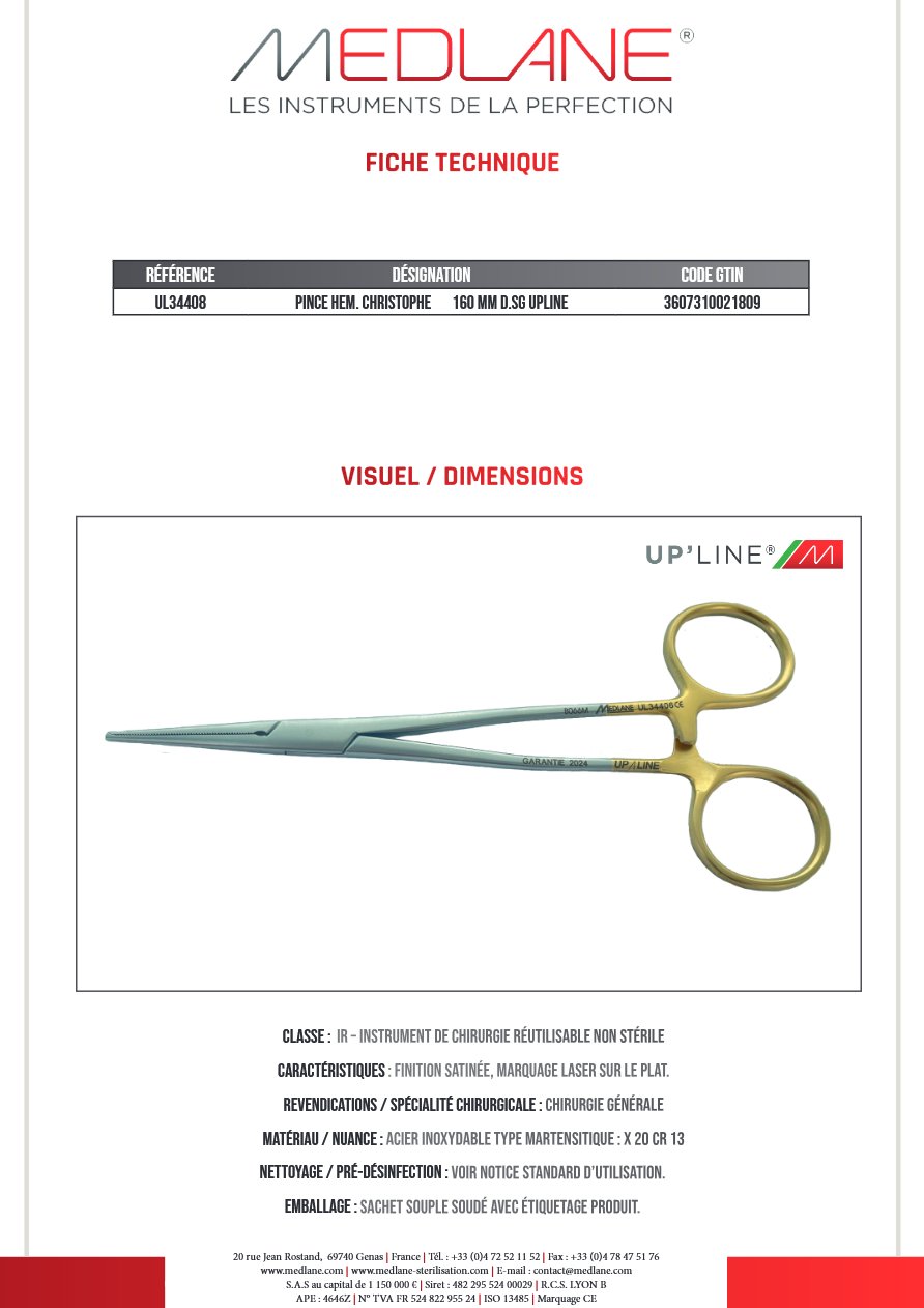 Pince Hémostatique Christophe 160 mm D.sans Griffes Upline — REF UL34408
