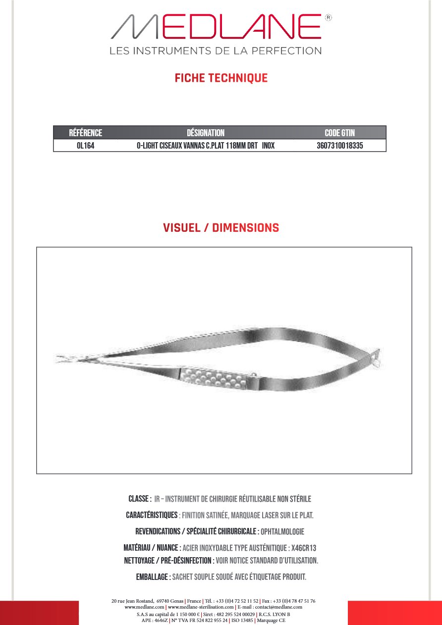 O-light Ciseaux Vannas C.plat 118MM Droit Inox — REF OL164