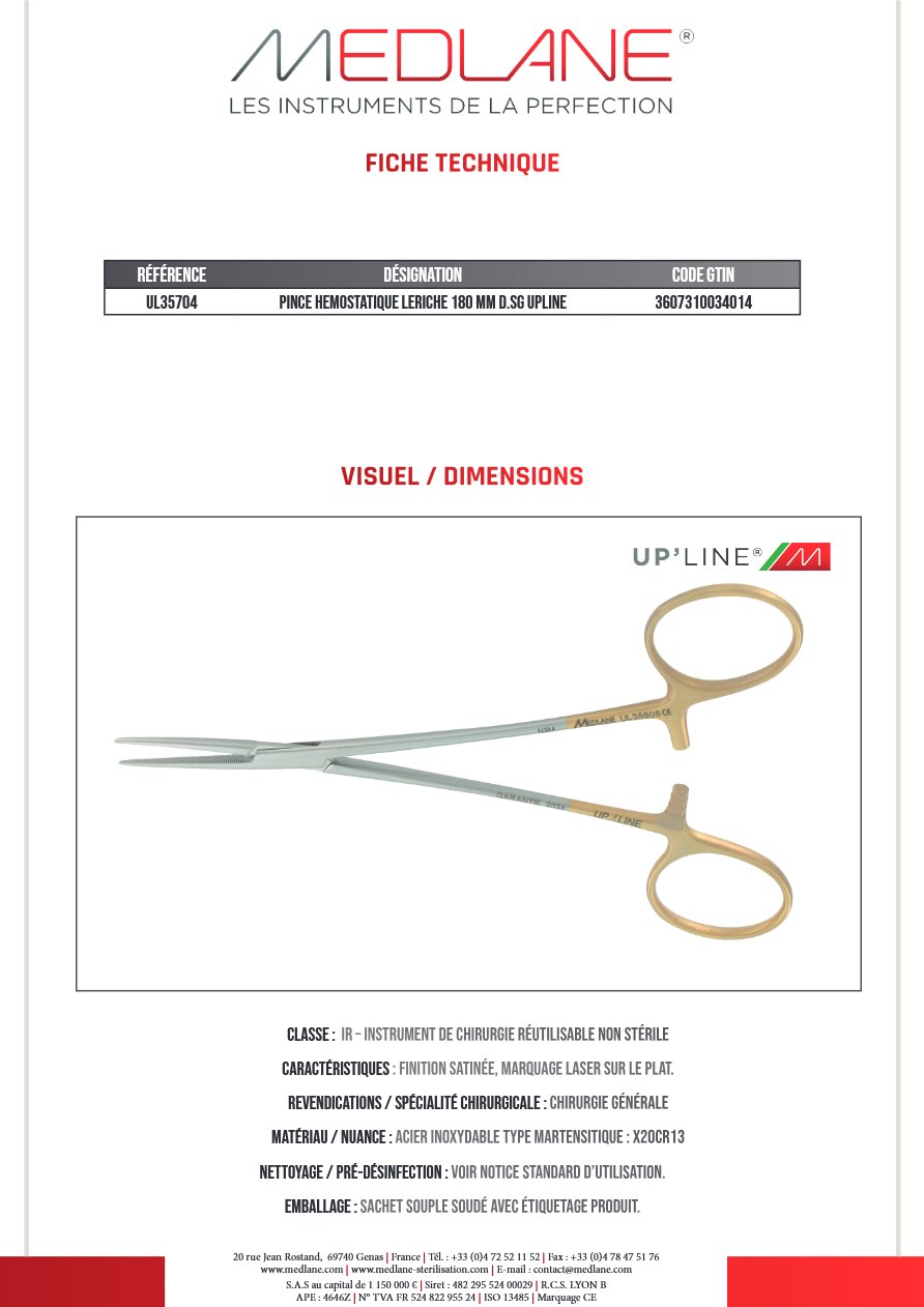 Pince Hémostatique Leriche 180 mm D.sans Griffes Upline — REF UL35704
