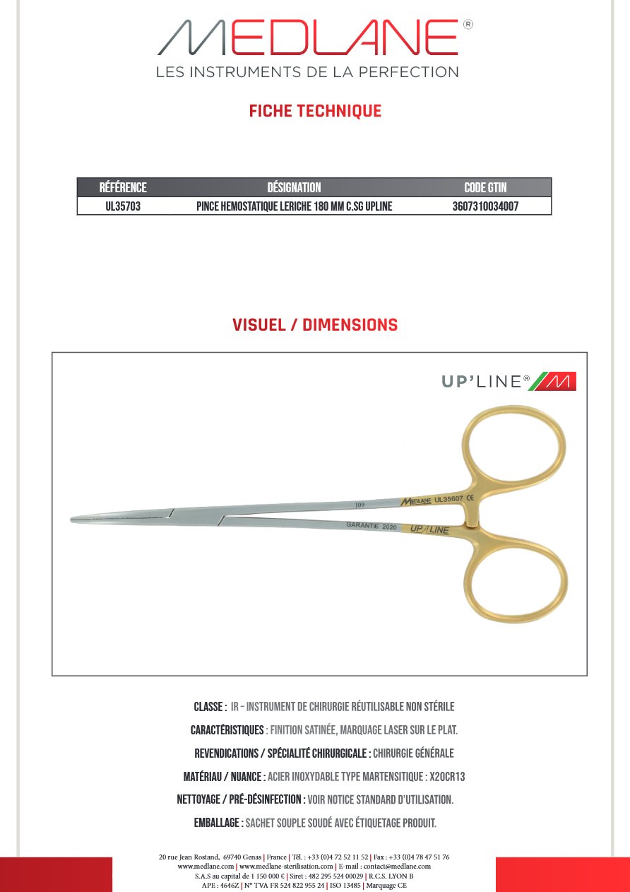 Pince Hémostatique Leriche 180 mm C.sans Griffes Upline — REF UL35703