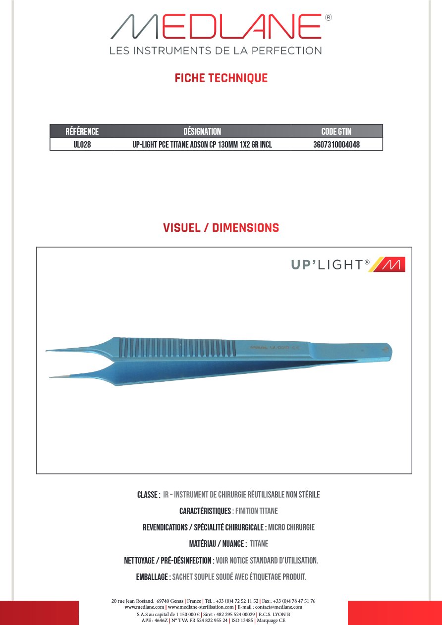 Up-light Pce Titane Adson Cp 130MM 1X2 Gr Incl — REF UL028