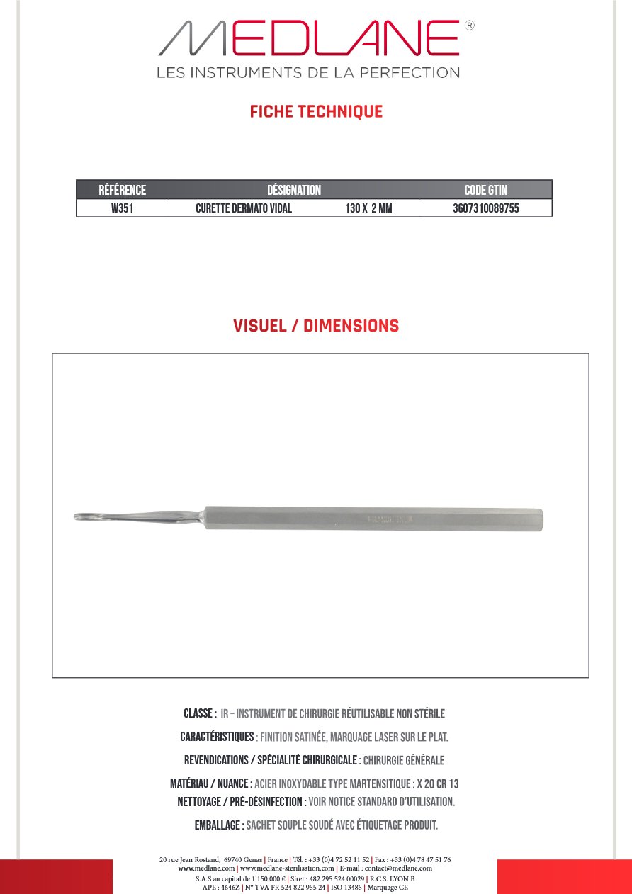 Curette Dermato Vidal 130 X 2 mm — REF W351