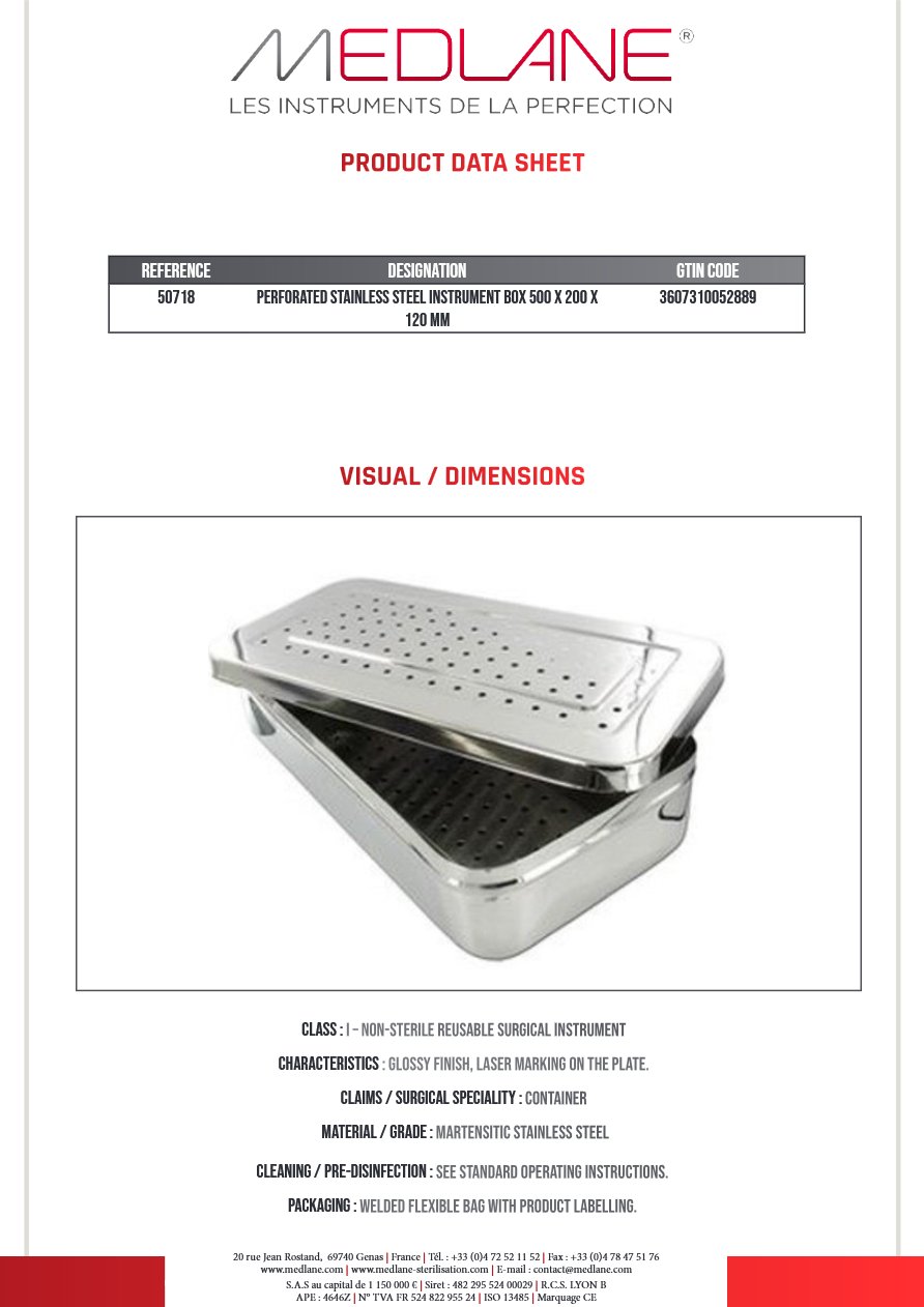 Boite a Instruments En Inox Perf. 500 X 200 X 120 mm