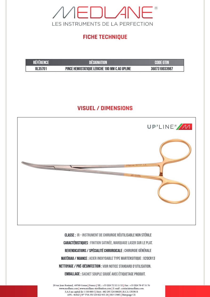 Pince Hémostatique Leriche 180 mm C.avec Griffes Upline — REF UL35701