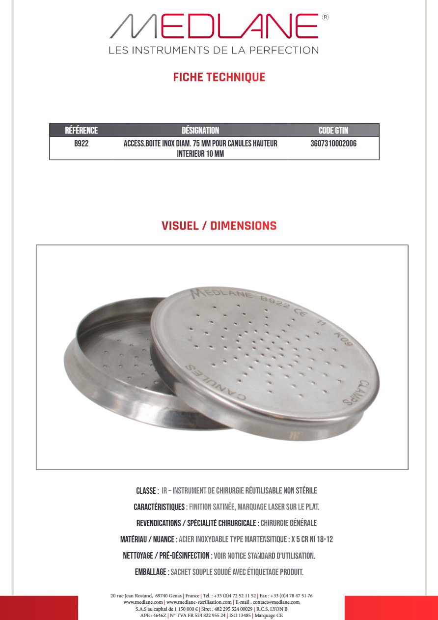 Access.boite Inox Diam. 75 mm pour Canules Hauteur Interieur 10 mm