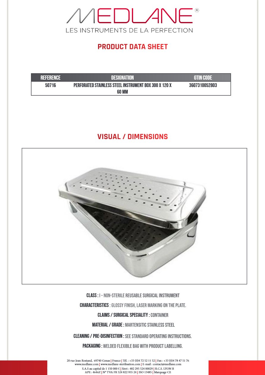 Boite a Instruments En Inox Perf. 300 X 120 X 60 mm