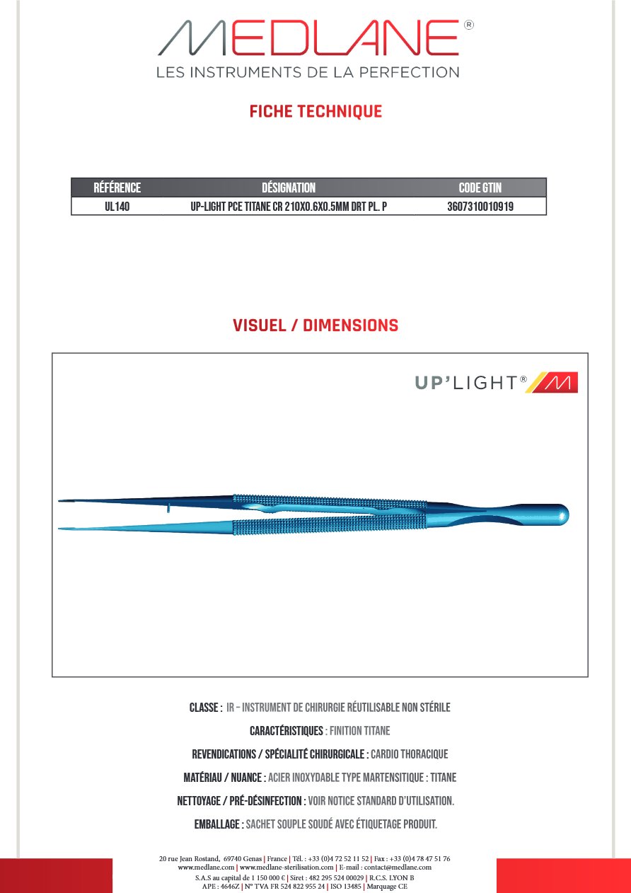 Up-light Pce Titane Cr 210X0.6X0.5MM Droit Pl. P — REF UL140
