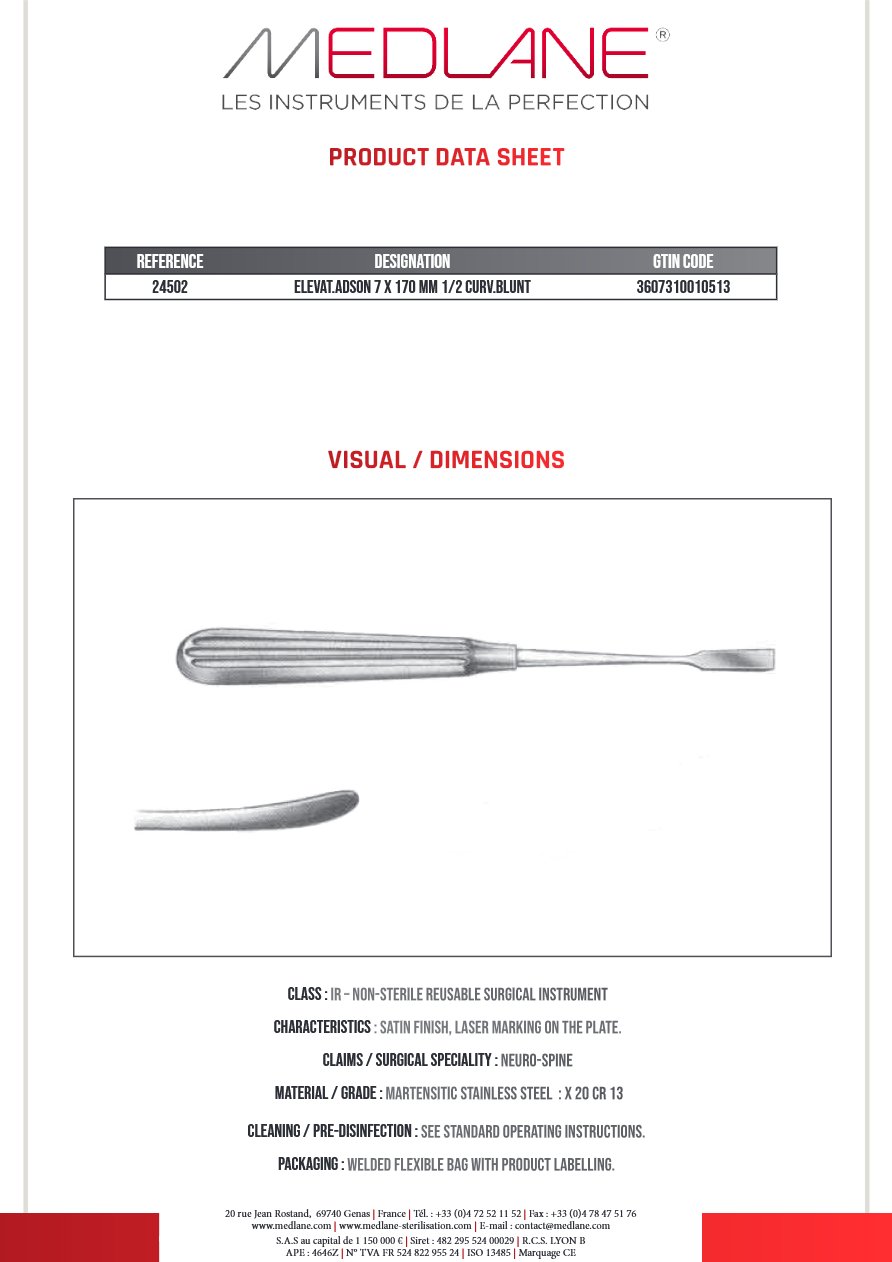Elevateur Adson 1/2 Courbes Mss 170 X 7 mm