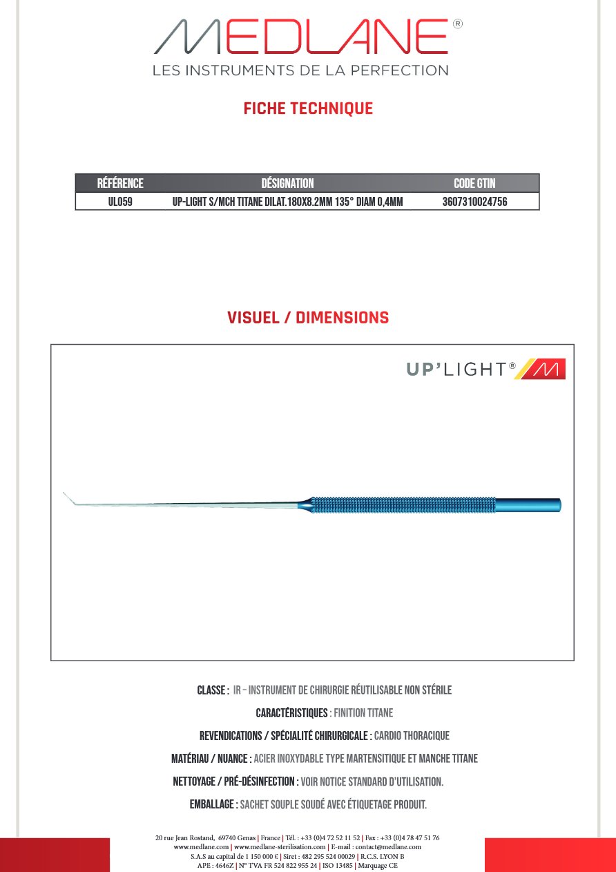 Up-light S/mch Titane Dilat.180x8.2mm 135° Diam 0,4MM — REF UL059
