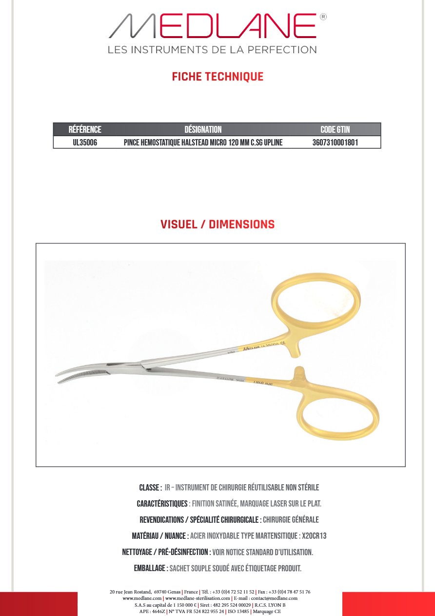 Pince Hémostatique Halstead Micro 120 mm C.sans Griffes Upline — REF UL35006