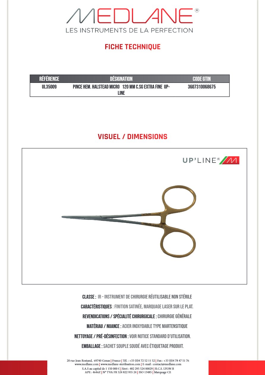 Pince Hémostatique Halstead Micro 120 mm C.sans Griffes Extra Fine Up-line — REF UL35009