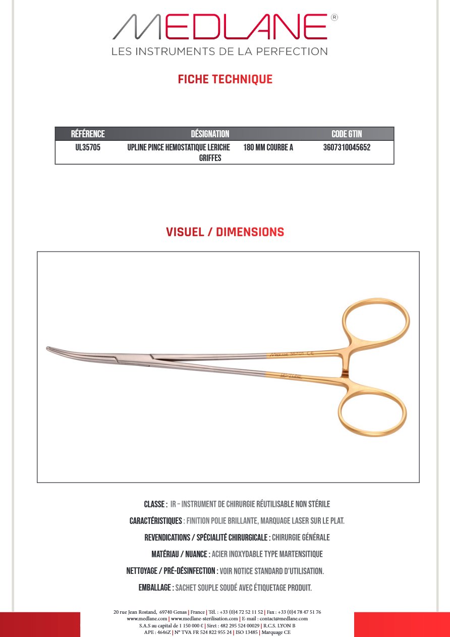 Pince Hémostatique Leriche Suedoise 140 mm C.avec Griffes Upline — REF 35705P
