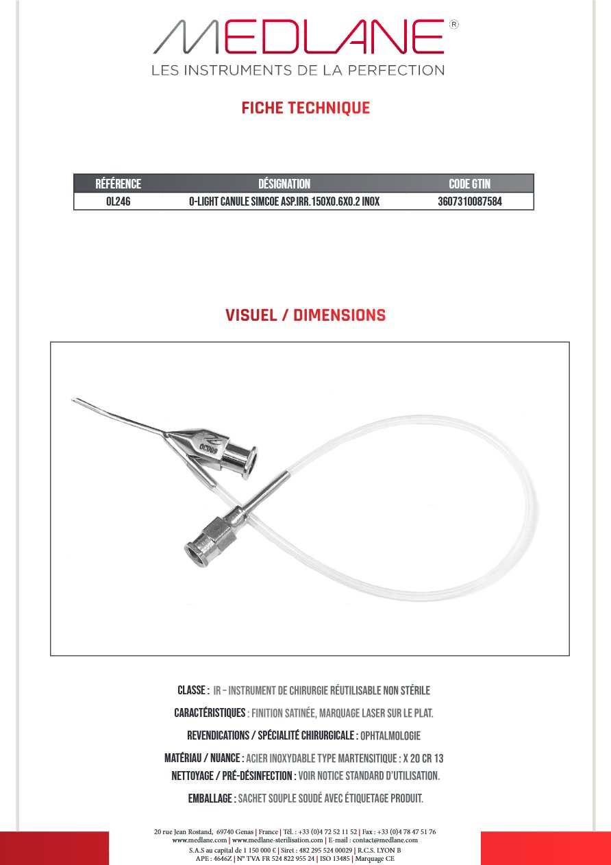 O-light Canule Simcoe Asp.irr.150x0.6x0.2 Inox — REF OL246