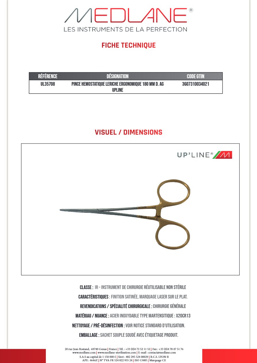 Pince Hémostatique Leriche Ergon 180 mm D. avec Griffes Upline — REF UL35708