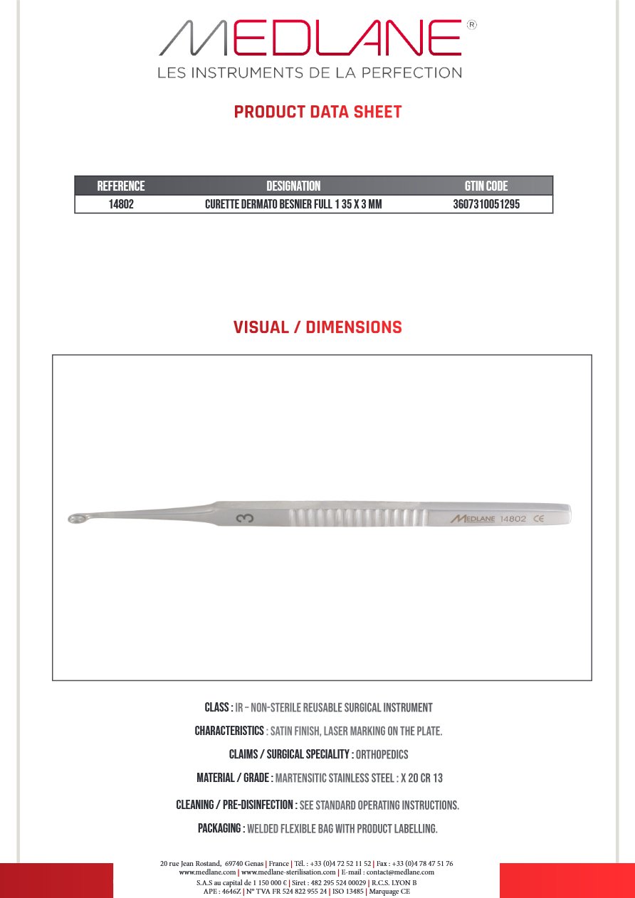 Curette Dermato Besnier Pleine 135 X 3 mm — REF 14802P
