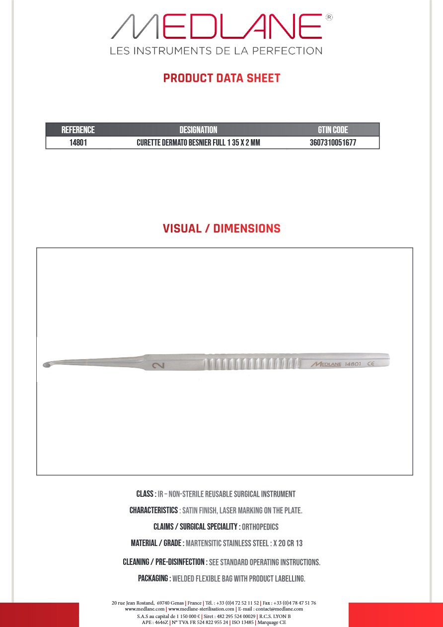 Curette Dermato Besnier Pleine 135 X 2 mm — REF 14801P