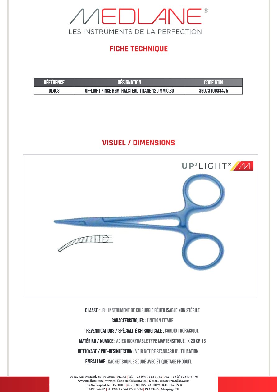 Up-light Pince Hémostatique Halstead Titane 120 mm C.sans Griffes — REF UL403