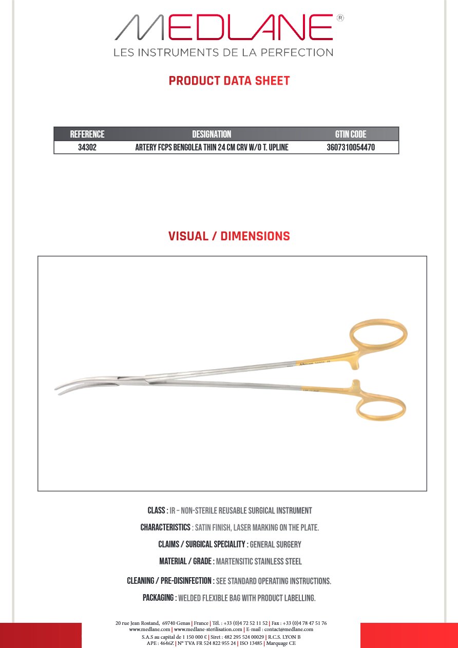 Pince Hémostatique Bengolea 240 mm Fine C.sans Griffes Upline — REF 34302P