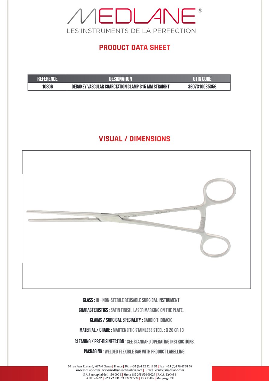 Clamp Vasculaire Coarctation Debakey 315 mm Droit - REF 10806