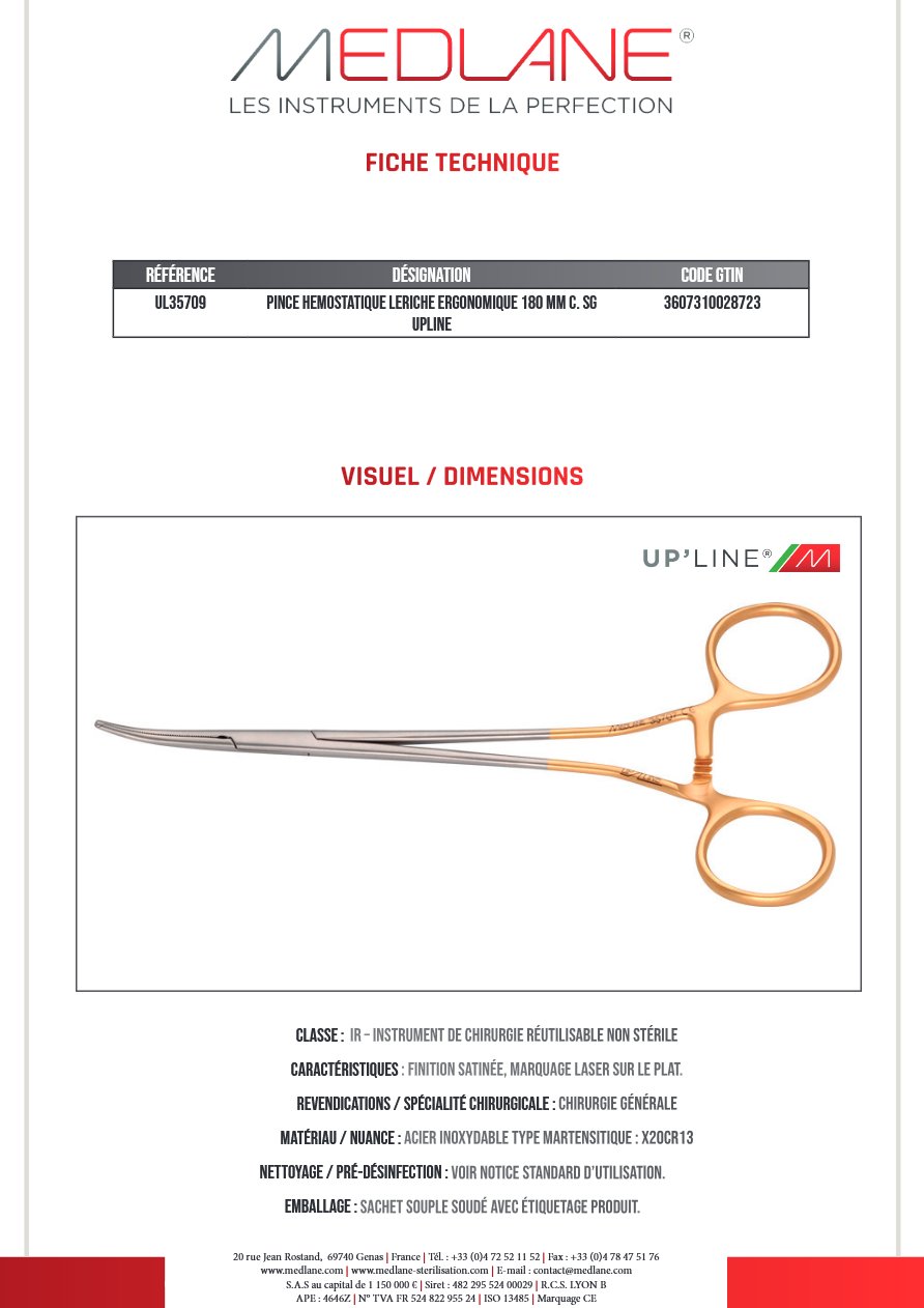 Pince Hémostatique Leriche Ergon 180 mm C. sans Griffes Upline — REF UL35709