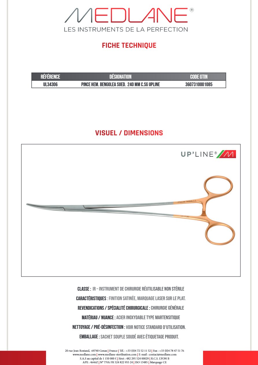 Pince Hémostatique Bengolea Sued. 240 mm C.sans Griffes Upline — REF UL34306