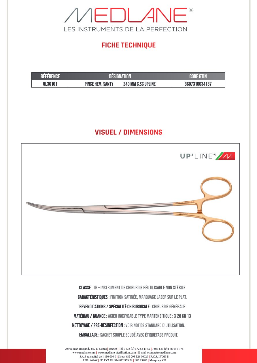 Pince Hémostatique Santy 240 mm C.sans Griffes Upline — REF UL36101
