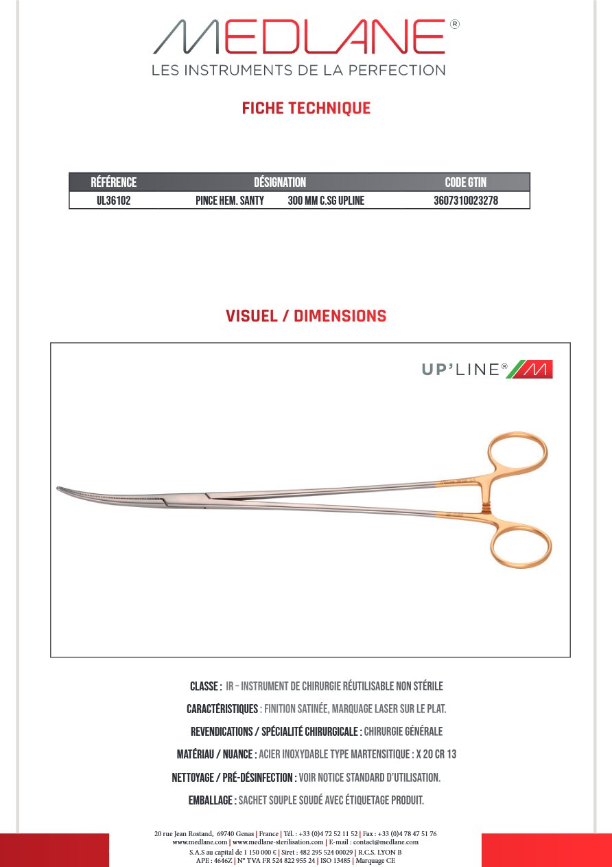 Pince Hémostatique Santy 300 mm C.sans Griffes Upline — REF UL36102