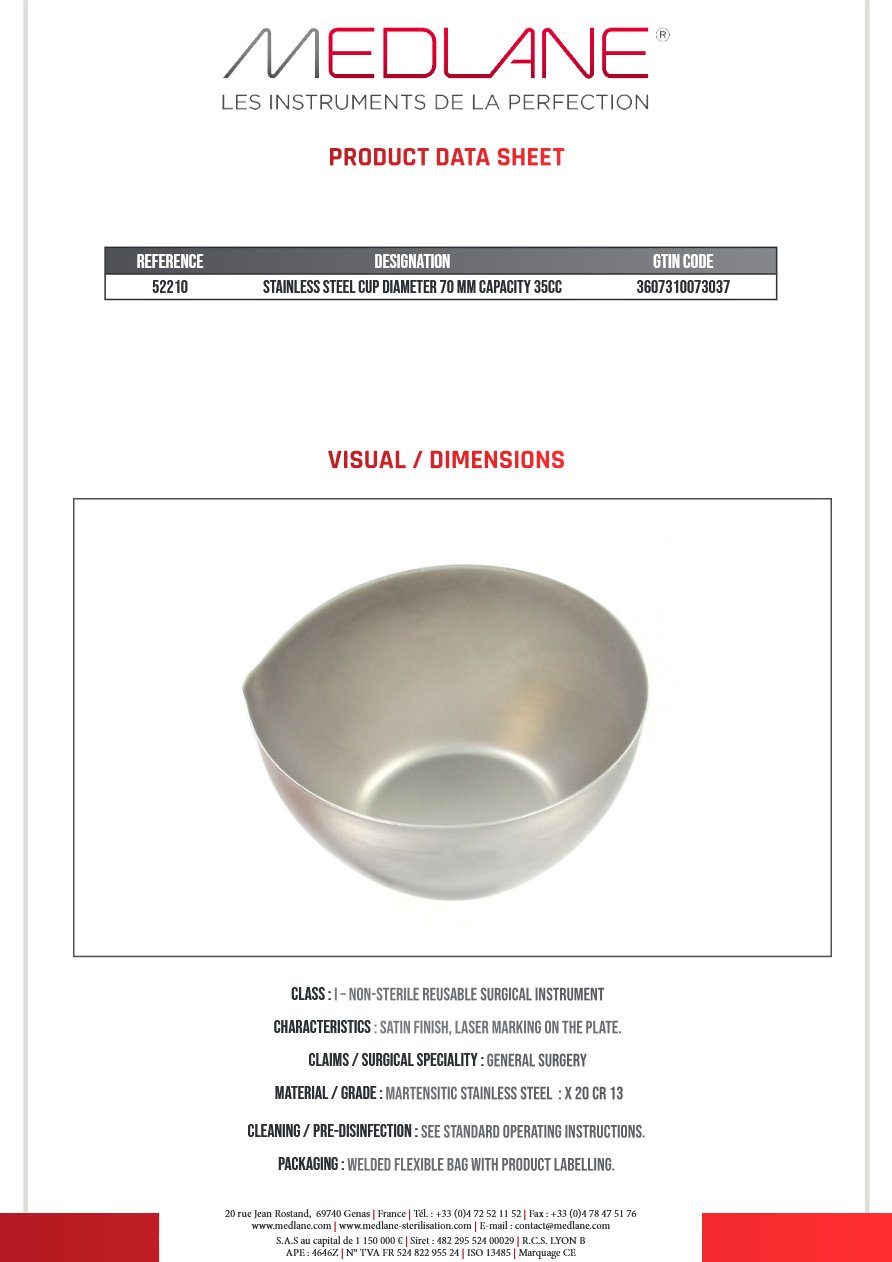 Cupule Inox Diamètre 70 mm Capacite 85CC
